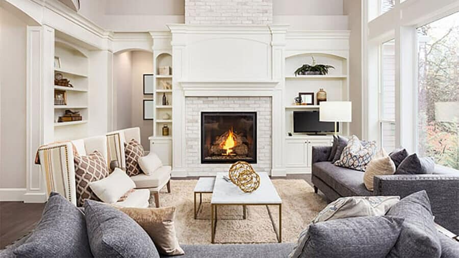 A modern fireplace fits perfectly into the decor of a living room.